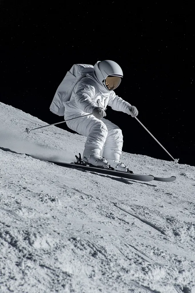 An astronaut, clad in a white spacesuit, skis down a snow-covered slope against the backdrop of a star-studded night sky. The scene is surreal, suggesting a lunar or extraterrestrial setting. The astronaut's skis leave distinct tracks in the snow as they gracefully navigate the incline. The image evokes a sense of adventure and the limitless possibilities of space exploration.