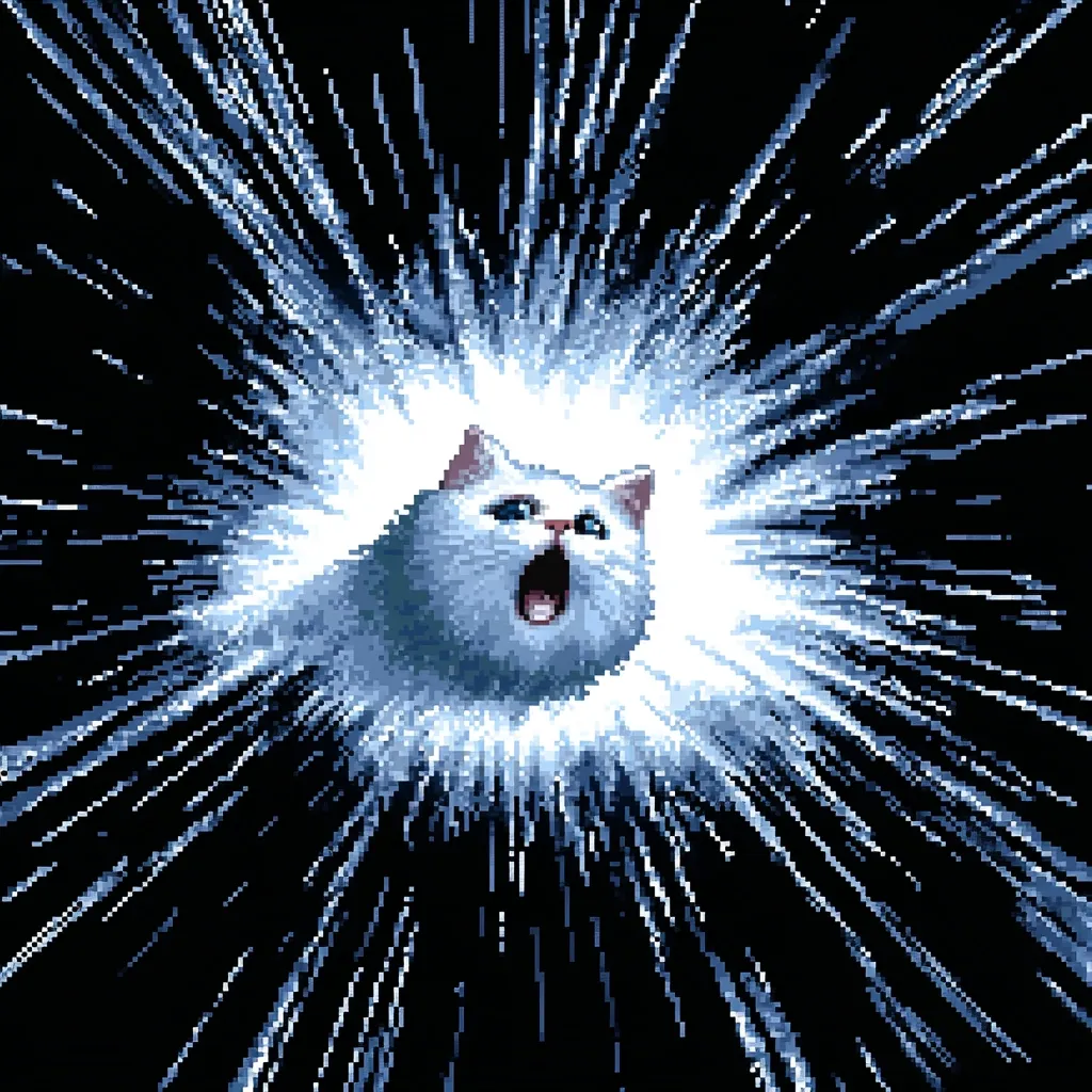 A pixel art image depicts a white cat with its mouth open in a surprised expression.  The cat is centered within a bright, white explosion of light radiating outward against a black background.  The style is reminiscent of early video game graphics, creating a striking and humorous visual effect. The overall impression is one of sudden, explosive energy emanating from the cat.