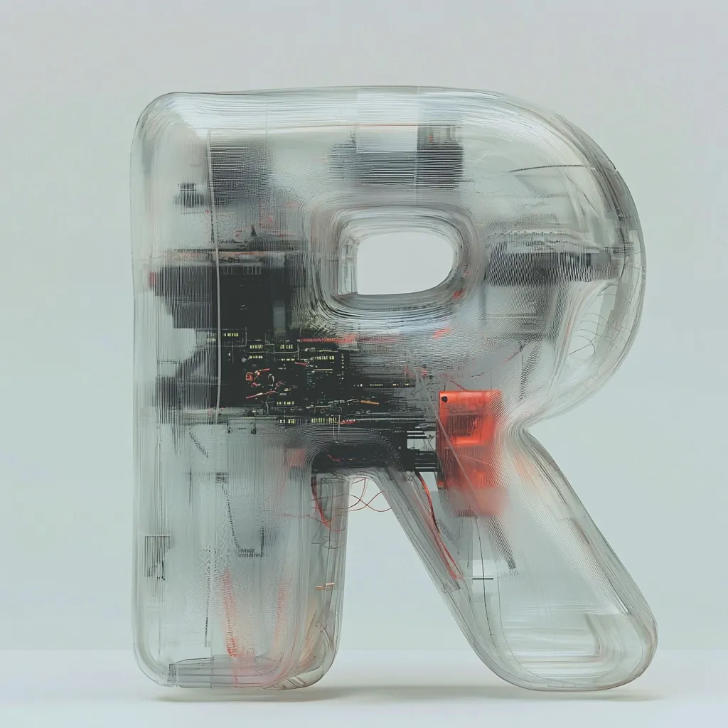 A translucent, three-dimensional letter "R" is depicted.  The letter's form appears sculpted from a clear material, revealing an intricate internal structure of circuitry and wiring, primarily in dark tones with accents of orange.  The internal mechanics are partially obscured by the semi-transparent outer shell, creating a futuristic and technological aesthetic. The image is set against a plain, light gray background.