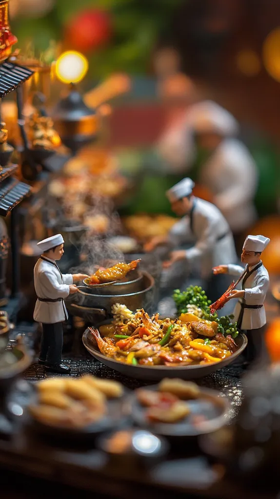 Miniature chefs in white chef hats prepare a vibrant seafood dish in a bustling kitchen setting.  Steam rises from woks, highlighting the delicious-looking food.  Surrounding the main dish are various other tempting appetizers and side dishes, all meticulously arranged. The scene is beautifully lit, creating a warm and inviting ambiance of a busy, yet charming, restaurant.
