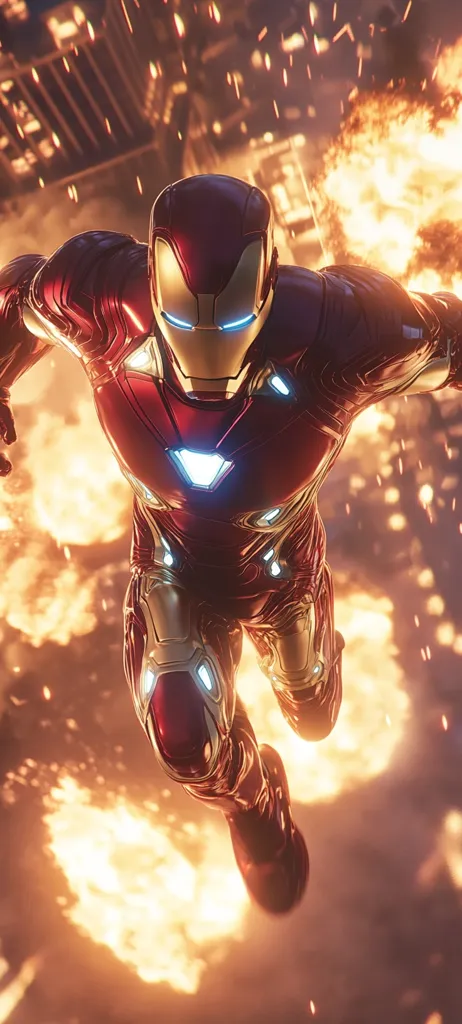 Iron Man, in his advanced suit, soars through a fiery cityscape.  Sparks and flames erupt around him as he flies, his repulsor chest piece glowing brightly. The dynamic pose and intense background create a powerful image of the iconic superhero in action. The suit's intricate details are highlighted against the fiery backdrop, showcasing its advanced technology.