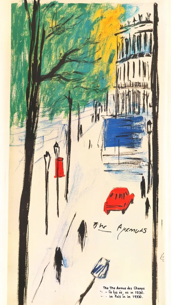 A vibrant abstract painting depicts a Parisian street scene.  Bold strokes of green, blue, and yellow suggest trees, buildings, and sky.  A small red car is centrally positioned, adding a pop of color against the largely monochromatic background.  The artist's signature is visible, along with text referencing the Avenue des Champs-Élysées and the year 1930. The style is expressive and evocative, capturing a sense of movement and urban energy.