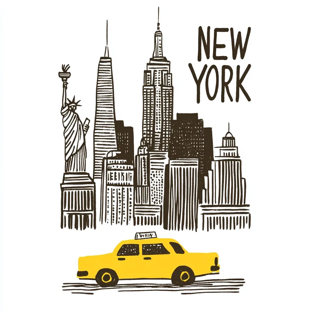 A hand-drawn illustration depicts the New York City skyline, featuring iconic landmarks like the Empire State Building, the Statue of Liberty, and Chrysler Building.  The buildings are rendered in a simple, textured style. A yellow taxi cab sits in the foreground, adding a touch of quintessential New York imagery. The words "NEW YORK" are prominently displayed above the skyline.