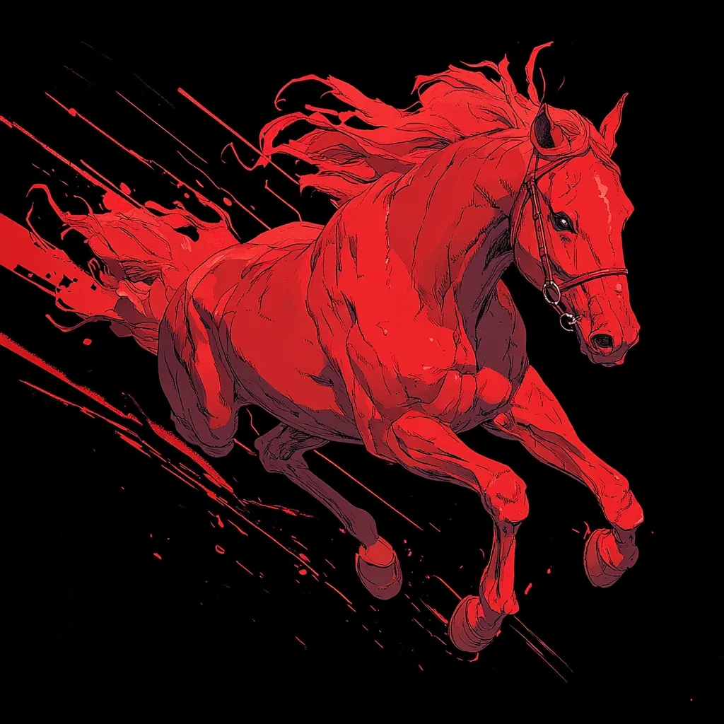 A vibrant red horse, rendered in a stylized illustration, is depicted mid-leap against a stark black background.  Its mane and tail flow dramatically, appearing almost fiery.  Bold red streaks, suggestive of motion or blood, accentuate the horse's dynamic energy and speed. The overall style is bold and graphic, emphasizing the horse's power and movement.