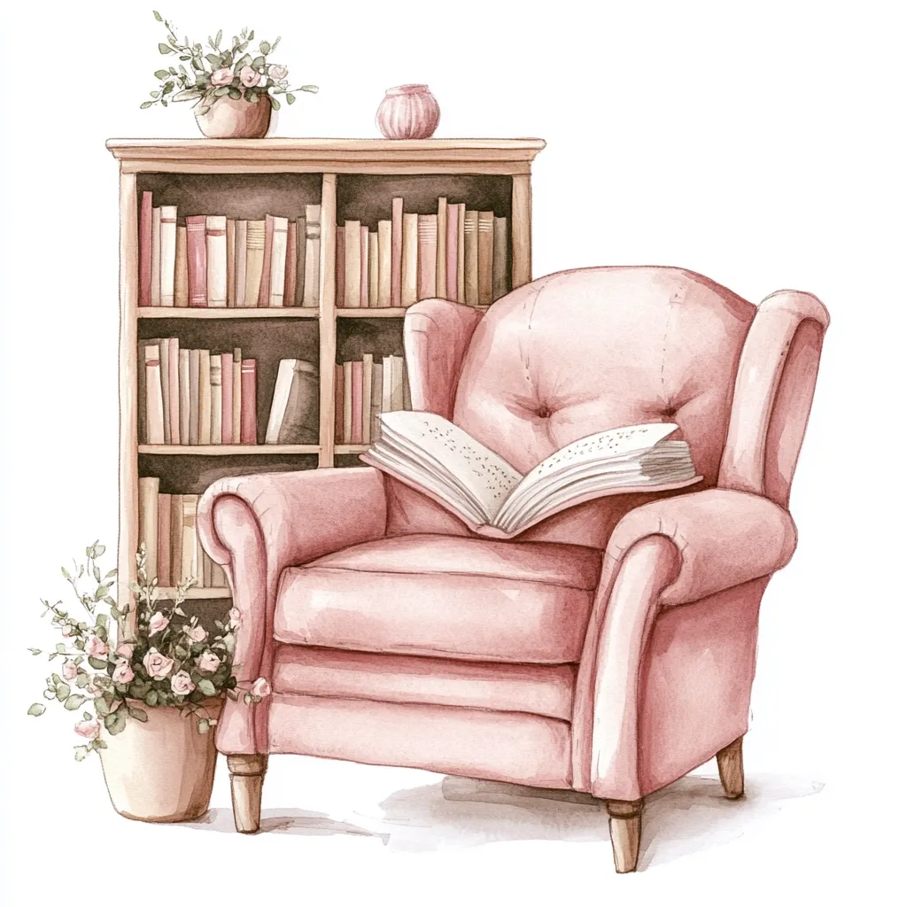 A watercolor painting depicts a cozy reading nook. A blush-pink armchair sits next to a wooden bookcase filled with books.  An open book rests on the chair's seat.  Small potted plants with delicate flowers flank the chair and bookcase, adding to the peaceful and inviting atmosphere. The overall style is soft, romantic, and serene.