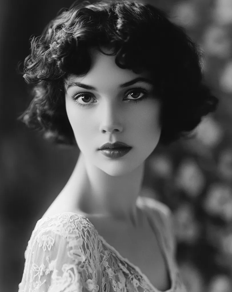 A black and white close-up portrait of a young woman.  She possesses a classic beauty, with dark, curled bobbed hair framing her face.  Her expression is serious and captivating, her eyes intense. She's wearing a delicate lace garment, accentuating her elegant features. The image evokes a vintage, perhaps 1920s, aesthetic.  The soft focus background subtly draws attention to her striking gaze.