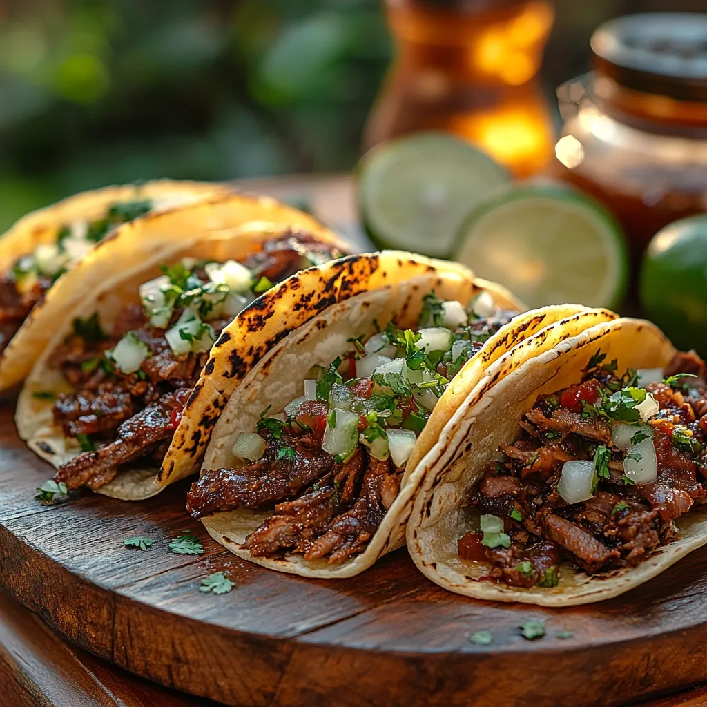 Three delicious tacos are artfully arranged on a rustic wooden board.  Each taco is filled with tender, flavorful shredded meat, topped with a vibrant pico de gallo, and garnished with fresh cilantro.  The warm, golden-brown tortillas are slightly charred, adding to their appeal.  Limes and a blurred background suggest an outdoor setting, enhancing the inviting ambiance of this appetizing food photography.