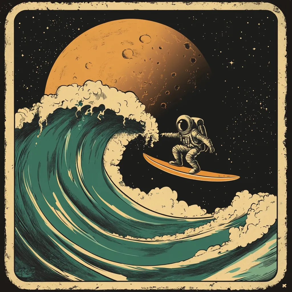 A retro-styled illustration depicts an astronaut surfing a massive wave in outer space.  A large, orange planet hangs in the background amidst a starry sky. The astronaut, in a classic spacesuit, rides a surfboard on the crest of a teal wave, rendered in a detailed, almost woodblock-print style. The overall aesthetic is vintage and whimsical, blending science fiction with a surfing motif.