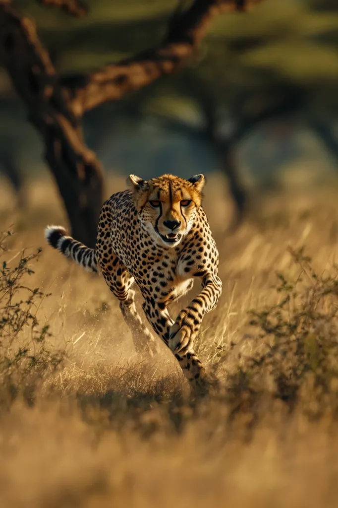 A cheetah, its spotted coat glowing in the golden sunlight, runs through tall savanna grass.  Dust kicks up around its paws as it sprints, its focused gaze intense. The blurred background suggests speed and the wild African landscape. The cheetah's powerful muscles are evident in its streamlined form.