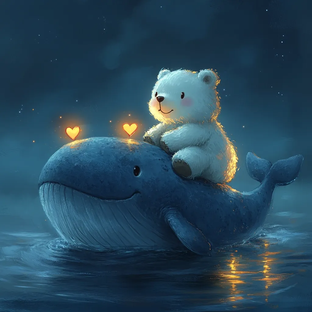 A whimsical illustration depicts a fluffy white polar bear sitting atop a friendly blue whale, gently gliding across a calm, dark-blue sea under a starry night sky.  Two glowing hearts float above them, adding to the enchanting, romantic atmosphere. The scene is serene and heartwarming, evoking feelings of peace and gentle companionship.