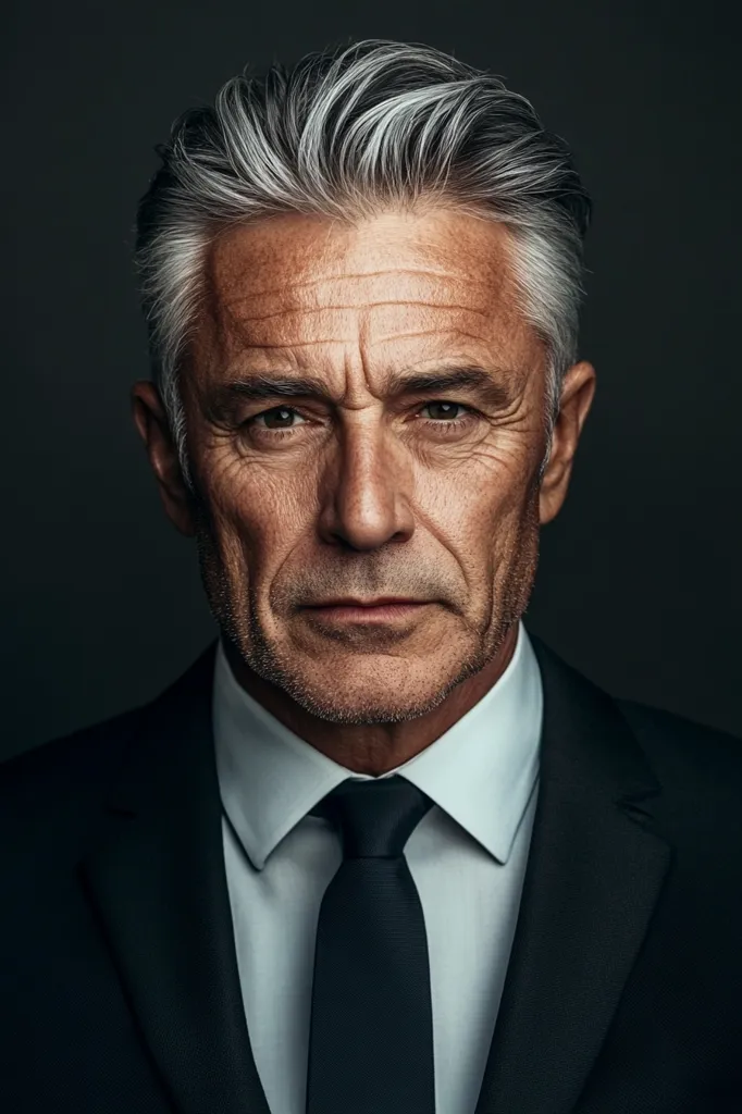 A close-up portrait of a mature man with salt-and-pepper hair styled neatly.  He's wearing a dark suit and a crisp white shirt, his serious expression and direct gaze conveying confidence and authority. The image is sharply focused, highlighting the texture of his skin and the subtle details of his attire. The dark background emphasizes the subject, creating a powerful and professional impression.
