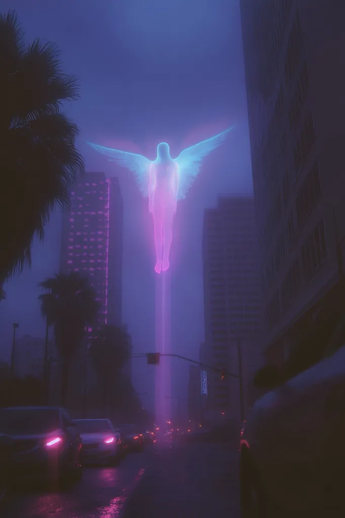 A vibrant, ethereal angel, rendered in shades of pink and blue, floats above a rain-swept city street at dusk.  The angel's luminescence casts a beam of light down to the ground, illuminating the wet asphalt and the blurred lights of passing cars.  Tall buildings flank the street, their muted colours contrasting with the angel's radiant glow, creating a surreal and atmospheric scene. The overall mood is one of mysterious beauty and quiet contemplation.