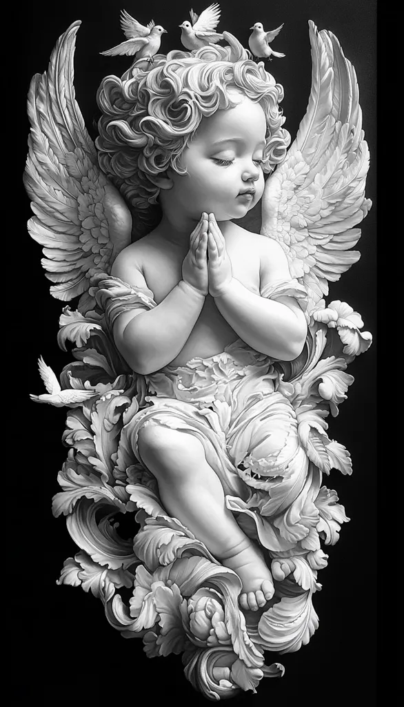 A cherubic angel, sculpted in exquisite detail, sits amidst ornate, swirling foliage.  Its wings are large and feathered, and several small birds rest on its head. The angel's hands are clasped in prayer, its eyes closed in serene devotion. The monochromatic palette enhances the sculpture's ethereal beauty, giving it a timeless and classic feel. The image is striking in its artistic composition and intricate detailing.