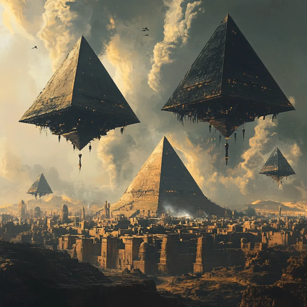 A breathtaking scene unfolds: three colossal, dark pyramids hover over an ancient city, reminiscent of Giza.  Smaller pyramids are scattered across the landscape.  The colossal pyramids appear technologically advanced, contrasting sharply with the earthy tones of the city below.  A cloudy sky adds a dramatic, otherworldly effect to the image.  The scene evokes a sense of mystery and awe, blending ancient architecture with futuristic elements.
