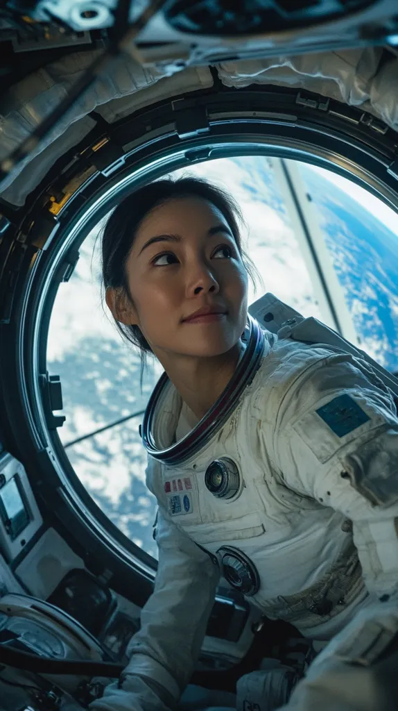 A female astronaut, gazing out a spacecraft porthole, is captured in a close-up shot.  Earth's curvature is visible through the window, a breathtaking backdrop to the scene. The astronaut's face is partially visible, conveying a sense of wonder and contemplation. The image's dark tones emphasize the vastness of space. The astronaut's spacesuit shows signs of wear, suggesting a long mission.