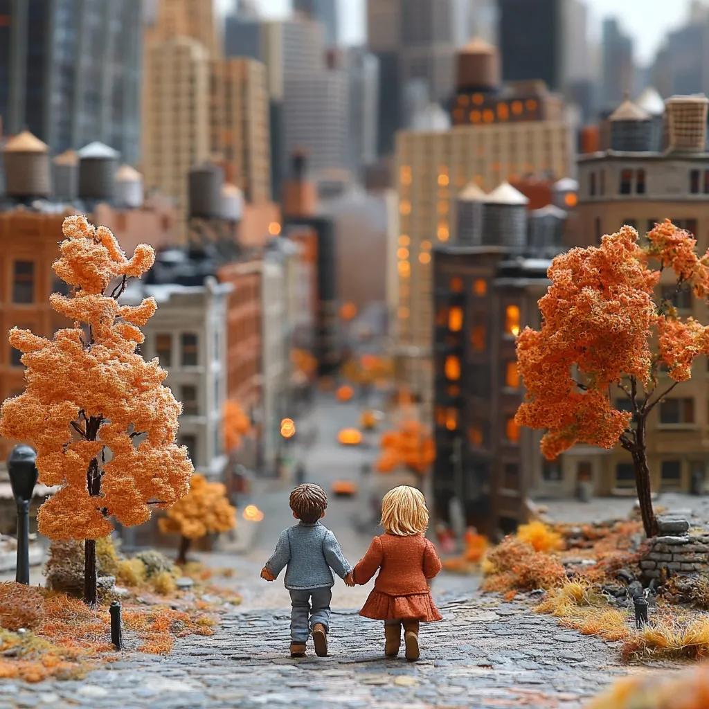 A miniature scene depicts two children, a boy and a girl, hand-in-hand, walking down a cobblestone street.  Autumnal trees with orange leaves line the path, leading towards a detailed cityscape in the background. The city is a blend of buildings, lights, and a soft focus, creating a charming, idyllic autumnal setting.  The children's small scale adds to the whimsical nature of the scene.