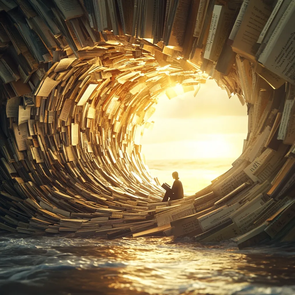 A lone figure sits within a colossal wave composed entirely of books. The wave curls into a tunnel, revealing a bright, serene ocean beyond.  The scene is surreal, suggesting the overwhelming power and endless possibilities found within literature. The golden light casts a warm glow, emphasizing the tranquil yet awe-inspiring nature of the literary landscape.