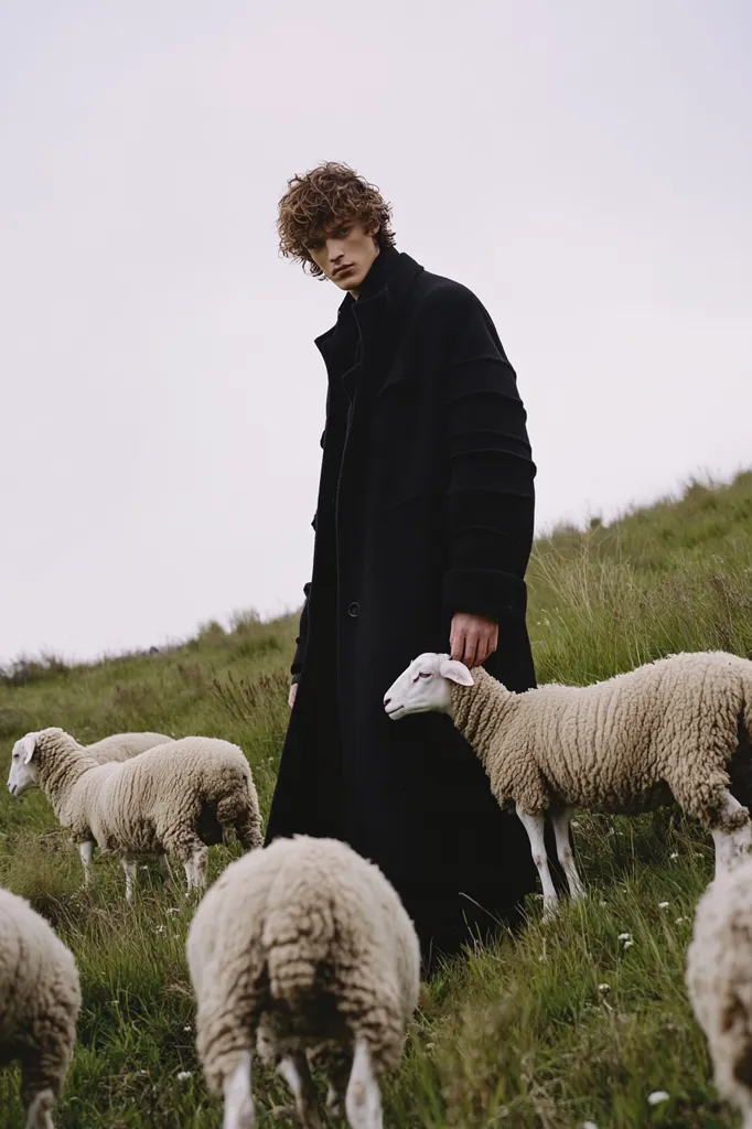 A young man with curly brown hair, wearing a long black coat, stands in a grassy field among sheep. He gently holds a sheep close to his body.  The scene is tranquil and evokes a sense of pastoral calmness. The overcast sky provides a muted backdrop to the image, emphasizing the man and the flock.