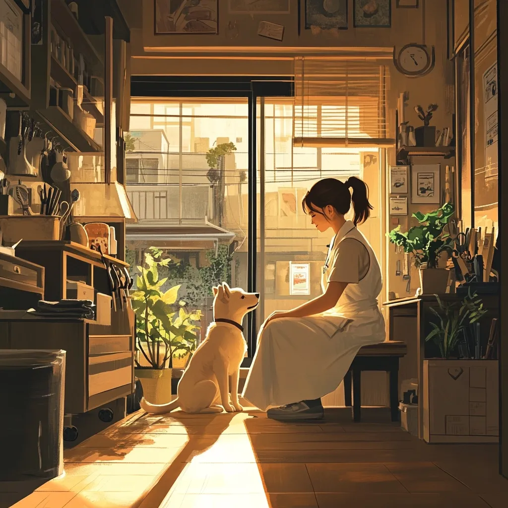 Warm sunlight streams into a cozy shop, illuminating a young woman in a white apron sitting on a bench.  A white dog sits attentively beside her, their gazes meeting.  The shop is filled with wooden shelves, tools, and potted plants, creating a serene and inviting atmosphere.  The scene evokes a feeling of peaceful companionship and quiet contentment.