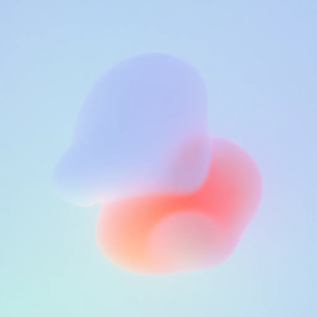The image shows an abstract, amorphous form composed of soft, pastel colors.  A larger, light-blue shape overlaps a smaller, peach-colored shape, creating a sense of fluidity and depth.  The overall effect is serene and dreamlike, with the blurred edges and gentle color gradient suggesting a hazy, ethereal quality. The background is a muted light blue.
