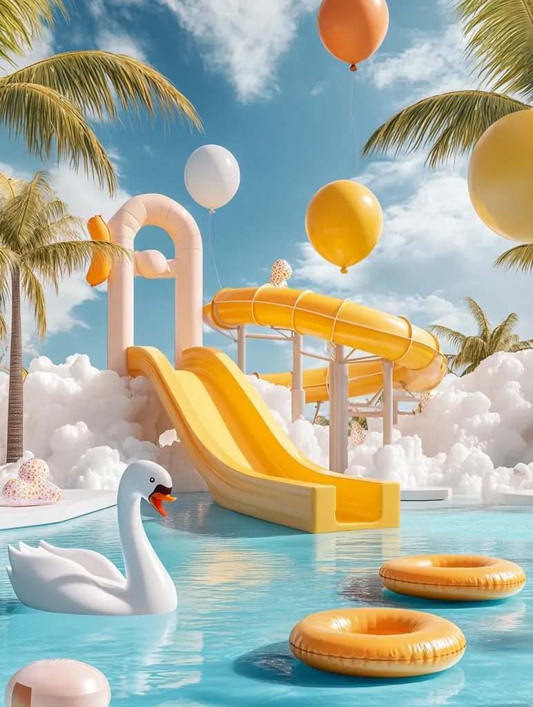 A whimsical water park scene features a yellow slide winding down into a turquoise pool, surrounded by fluffy white clouds and palm trees.  Pastel-colored balloons float overhead, adding to the playful atmosphere.  A large white swan floats serenely in the pool, alongside inflatable rings.  The overall aesthetic is bright, cheerful, and dreamlike.
