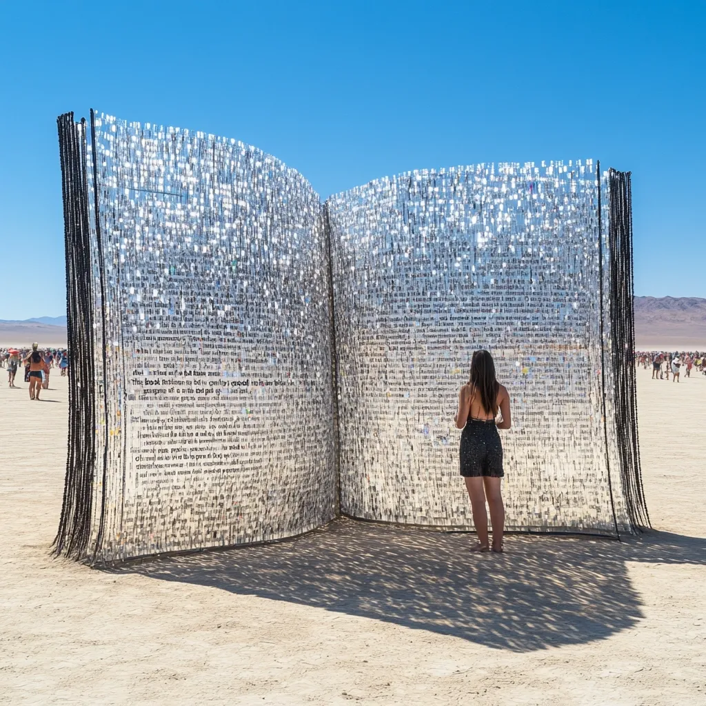 A woman stands before a massive, open book sculpture at Burning Man.  The book's pages are composed of countless small, mirrored photographs, creating a shimmering, text-like effect. The arid, desert landscape stretches out behind the art installation, emphasizing its scale and the vastness of the event.  The scene suggests contemplation and the power of collective memory.