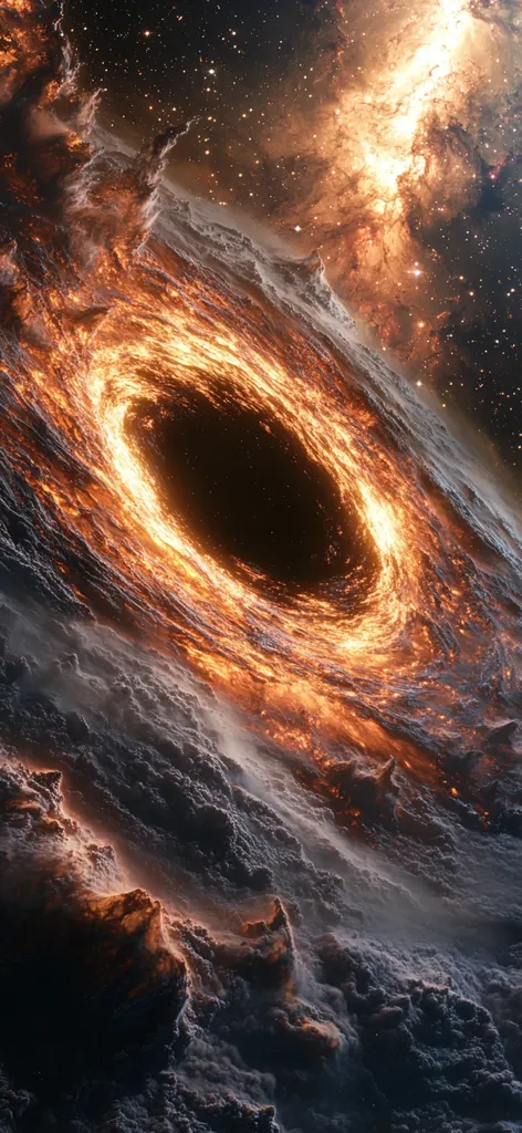 A digital artwork depicts a swirling, fiery vortex in space.  The vortex, reminiscent of a black hole, is surrounded by dark, cloudy formations.  Intense orange and yellow hues emanate from the central core, contrasting sharply with the dark nebula in the background, speckled with stars. The image evokes a sense of immense cosmic power and energy.