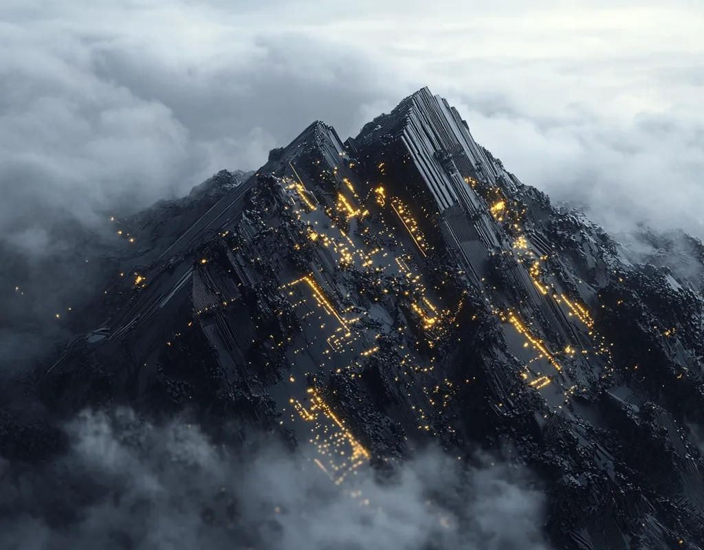 A digital rendering depicts a dark, geometric mountain peak piercing a low-lying cloud layer.  The mountain's surface is a complex network of sharp angles and lines, interspersed with glowing, amber-hued points of light, suggesting internal illumination or energy. The overall aesthetic is dark, futuristic, and slightly ominous, evoking a sense of mystery and technological advancement in a harsh, mountainous landscape.