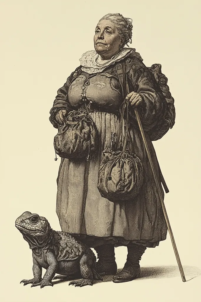 An aged woman, laden with bags and a walking stick, stands beside a large lizard.  She wears a long, dark dress and a shawl, her face etched with lines of age and travel.  The bags suggest a journey, perhaps a pilgrimage or a wandering life. The lizard, positioned at her feet, adds an element of the unexpected and perhaps symbolic meaning to the scene. The overall style is reminiscent of a detailed etching or engraving.