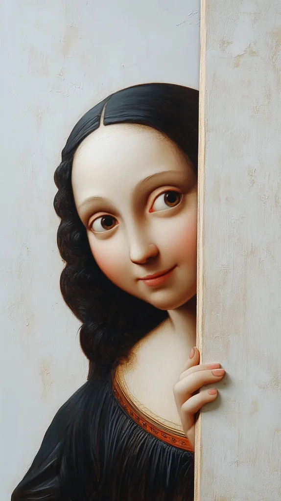 A hyperrealistic painting depicts a young woman with dark hair parted in the middle, peeking from behind a pale wooden panel.  Her expression is subtly suggestive, her eyes engaging the viewer directly.  She wears a dark, pleated garment with a gold neckline. The painting's style mimics classical portraiture with a focus on realistic detail and soft lighting.  The background is a muted off-white.