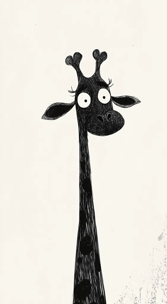A whimsical black and white illustration of a giraffe's head and neck.  The giraffe has large, expressive eyes and a slightly surprised expression. Its long neck is textured with hatched lines, suggesting fur.  The overall style is simple yet evocative, with a hint of cartoonish charm. The background is a light beige, adding to the image's minimalistic aesthetic.