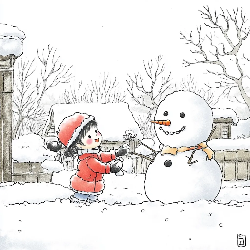A young girl in a red coat and hat joyfully builds a snowman in a snowy winter landscape.  Bare, snow-covered branches of trees frame the scene.  The snowman, with a carrot nose and twig arms, stands proudly beside the child, who carefully adds the final touches.  Small houses peek through the snow-covered fence in the background, creating a charming, idyllic winter scene.