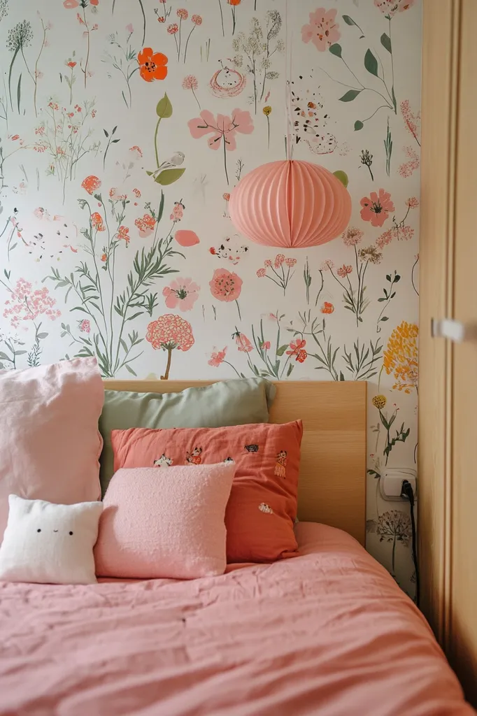 A bed with pink bedding and pillows sits against a wall covered in floral wallpaper.  The wallpaper features a variety of pink and orange flowers and greenery on a light background. A pale pink pleated pendant light hangs above the bed.  The overall aesthetic is calm, feminine, and childlike.  A light wood headboard and a partially visible light wood wardrobe complete the scene.