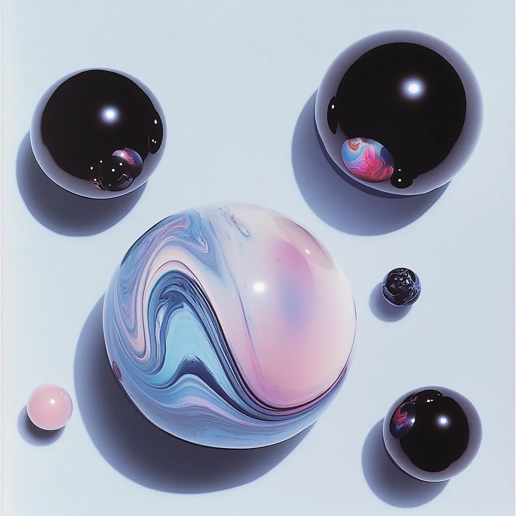 Seven spheres rest on a pale blue surface.  Three are dark, glossy black; one is significantly larger. Another sphere shows swirls of pale pink, blue, and dark grey. Two smaller dark spheres and a tiny, pale pink sphere complete the arrangement.  The image has a clean, minimalist aesthetic.