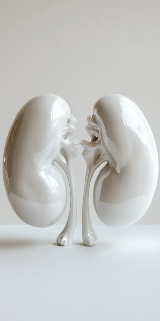 A pair of stylized, off-white ceramic kidneys are artfully presented against a minimalist white backdrop.  The sculpture's smooth, glossy surface reflects light, highlighting the organic forms. The kidneys are connected by a flowing, central structure, creating a visually striking and somewhat abstract representation of the human organs.  The overall impression is one of clean lines and understated elegance.