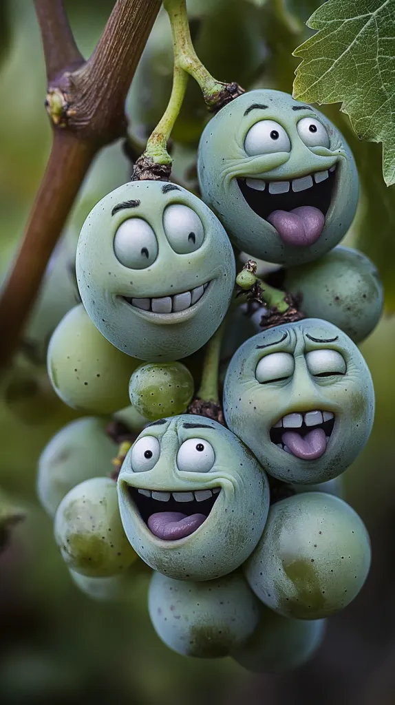A bunch of grapes with cartoonish faces are depicted.  Each grape has exaggerated features, expressing different emotions – joy, surprise, and slight disgust.  The grapes hang from a vine, with green leaves visible in the background. The image is digitally manipulated to give the grapes expressive personalities. The overall tone is playful and humorous.