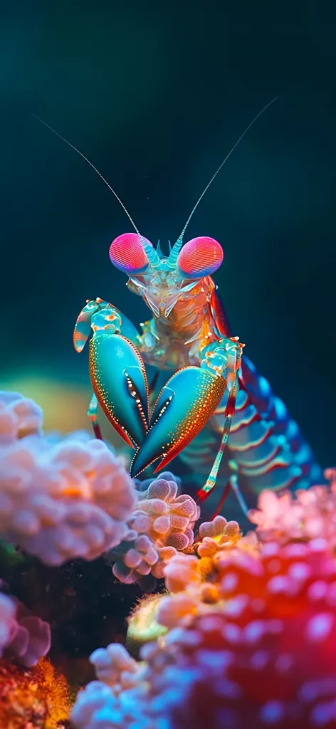 A vibrant peacock mantis shrimp is captured in stunning detail, its iridescent blue and orange body contrasting against the soft corals.  Its large, bright pink eyes dominate the foreground, emphasizing its unique features. The image showcases the beauty of marine life and the intricate details of its environment.  The colors are rich and saturated, giving a sense of underwater magic.