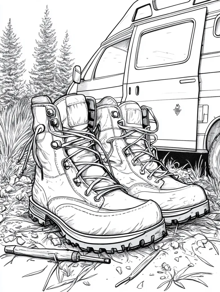 A detailed black and white illustration depicts a pair of sturdy hiking boots resting on the ground near a camper van. The boots are laced up and appear well-worn, suggesting use in the outdoors.  The van is parked in a wooded area, with pine trees visible in the background.  A small pen or tool lies near the boots, adding to the scene's overall sense of adventure and preparedness. The style is reminiscent of detailed pen and ink drawings.