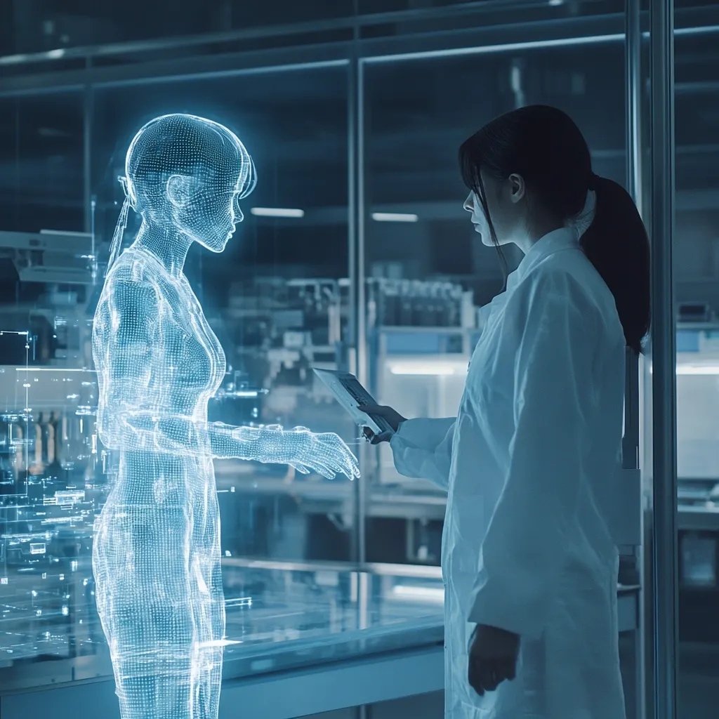 A scientist in a lab coat interacts with a holographic female figure. The figure is a translucent, wireframe representation, seemingly a digital human model. The scientist holds a tablet, possibly controlling or analyzing the holographic projection. The setting is a modern, high-tech laboratory, suggesting advanced research or development in areas like AI or virtual reality.  The scene evokes a futuristic feel, emphasizing the merging of technology and human interaction.