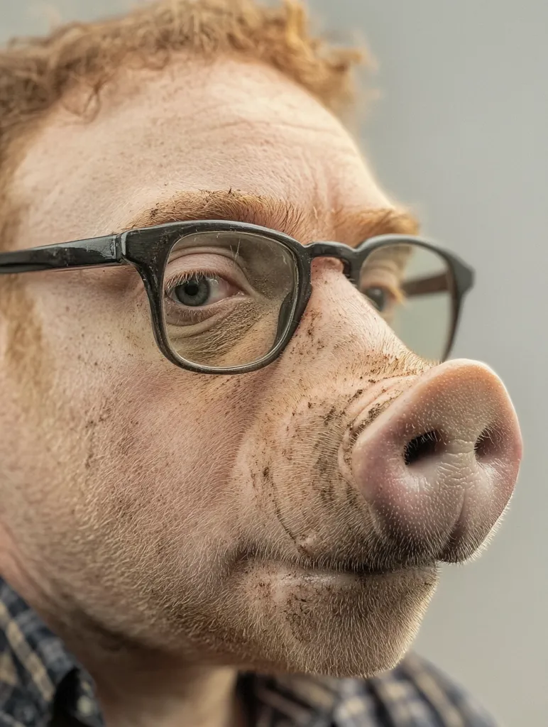 Close-up of a man's face, partially transformed into a pig's snout.  He wears glasses and has reddish hair.  His skin is textured and appears dirty or dusty.  The image is a striking juxtaposition of human and animal features, creating a surreal effect. The focus is sharp on the man's face and snout.