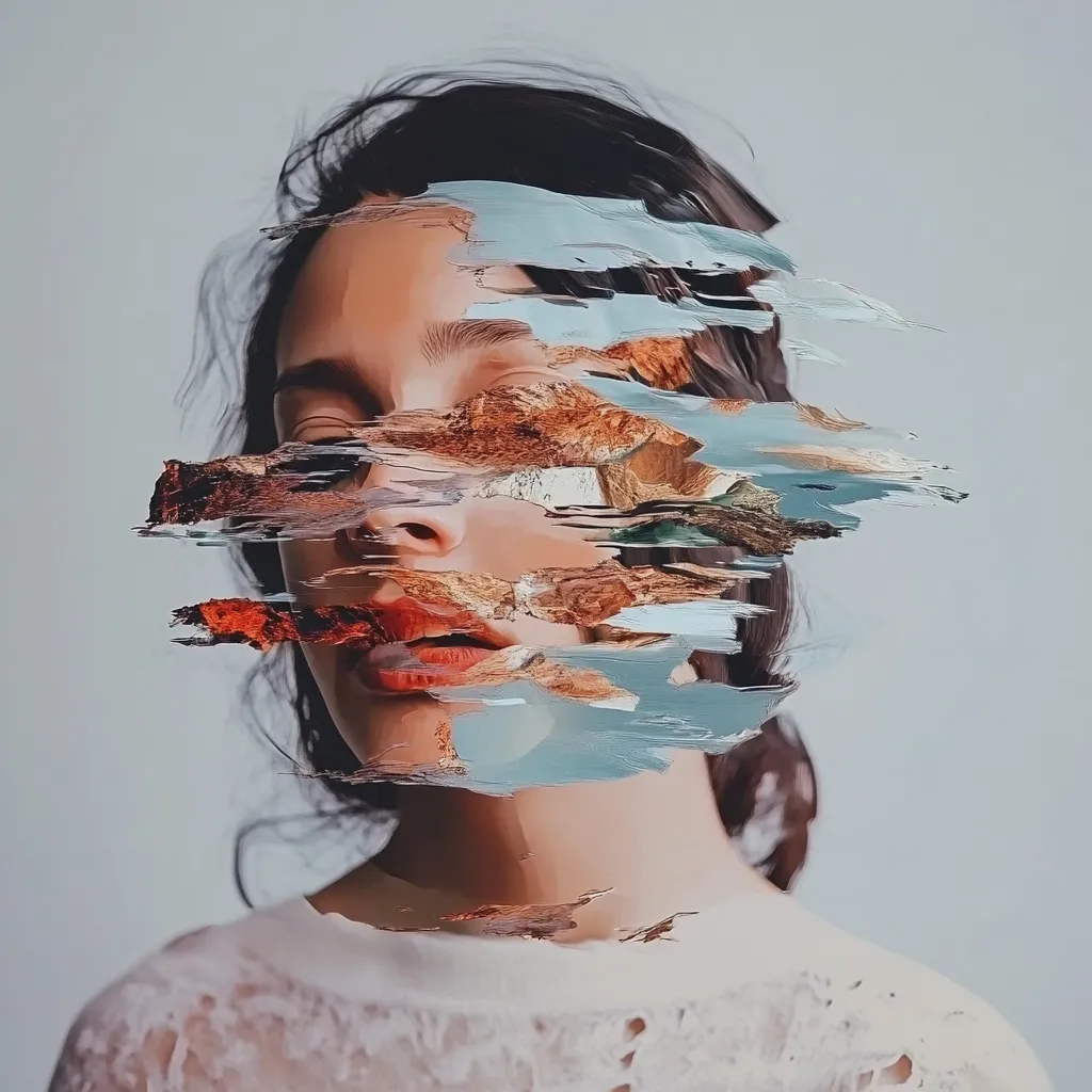 A digital painting depicts a woman's face partially obscured by abstract, painterly strokes of teal, brown, and orange.  The style is reminiscent of impressionism or a fragmented portrait.  Her expression is serene despite the fragmented visage, suggesting a blend of internal and external landscapes.  The woman wears a delicate, off-white garment. The overall effect is ethereal and slightly melancholic.