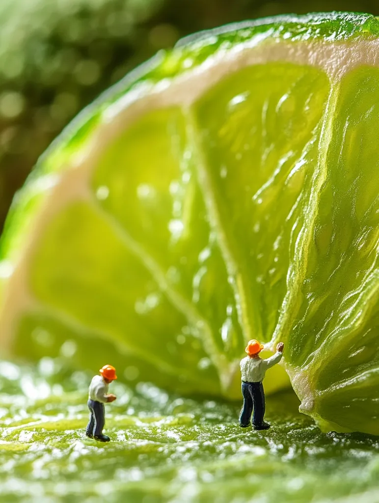 Two miniature figures, wearing hard hats and work clothes, are positioned on a large slice of lime. One figure examines the lime's surface, while the other interacts with the lime's textured rind.  The image uses a macro perspective, emphasizing the scale difference between the figures and the fruit, creating a whimsical and surreal scene.