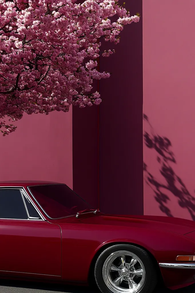 A crimson classic car is parked beside a vibrant pink wall, partially obscured by a blossoming cherry tree.  The car's sleek lines and shiny chrome wheels contrast beautifully with the soft pink flowers and deep wall color.  The scene evokes a feeling of springtime elegance and classic automotive design.  Shadows cast by the tree add depth to the image.