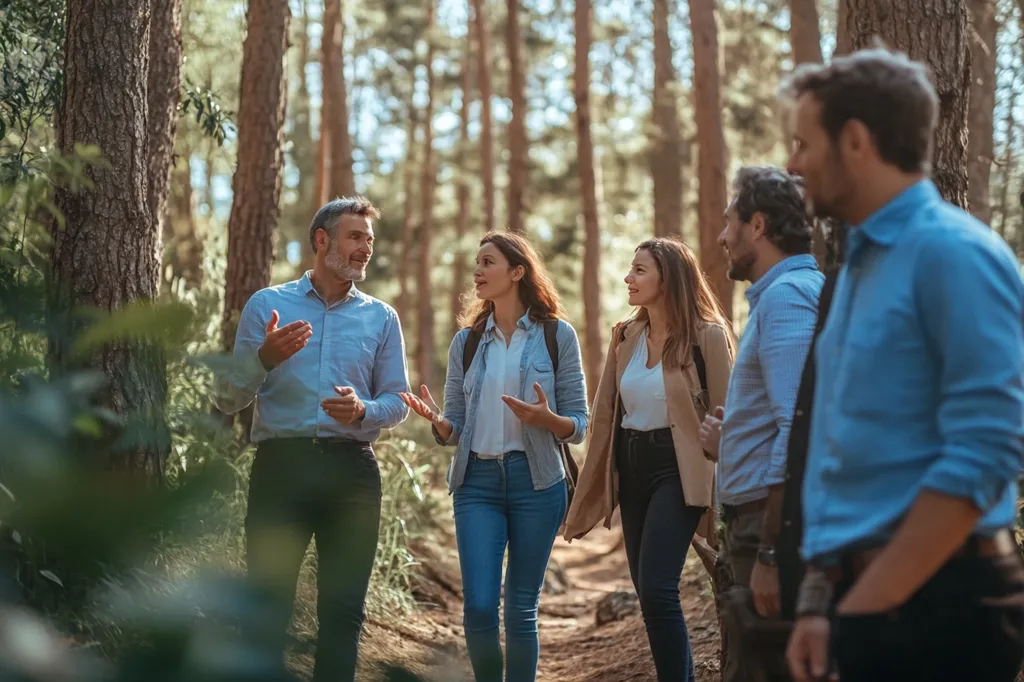 A group of five adults, three women and two men, stroll along a sun-dappled forest path.  Engaged in conversation, they appear to be on a guided walk or team-building exercise. The trees tower overhead, creating a tranquil and natural setting.  The atmosphere is relaxed and friendly, suggesting a shared experience.  One man leads the discussion, gesturing animatedly.
