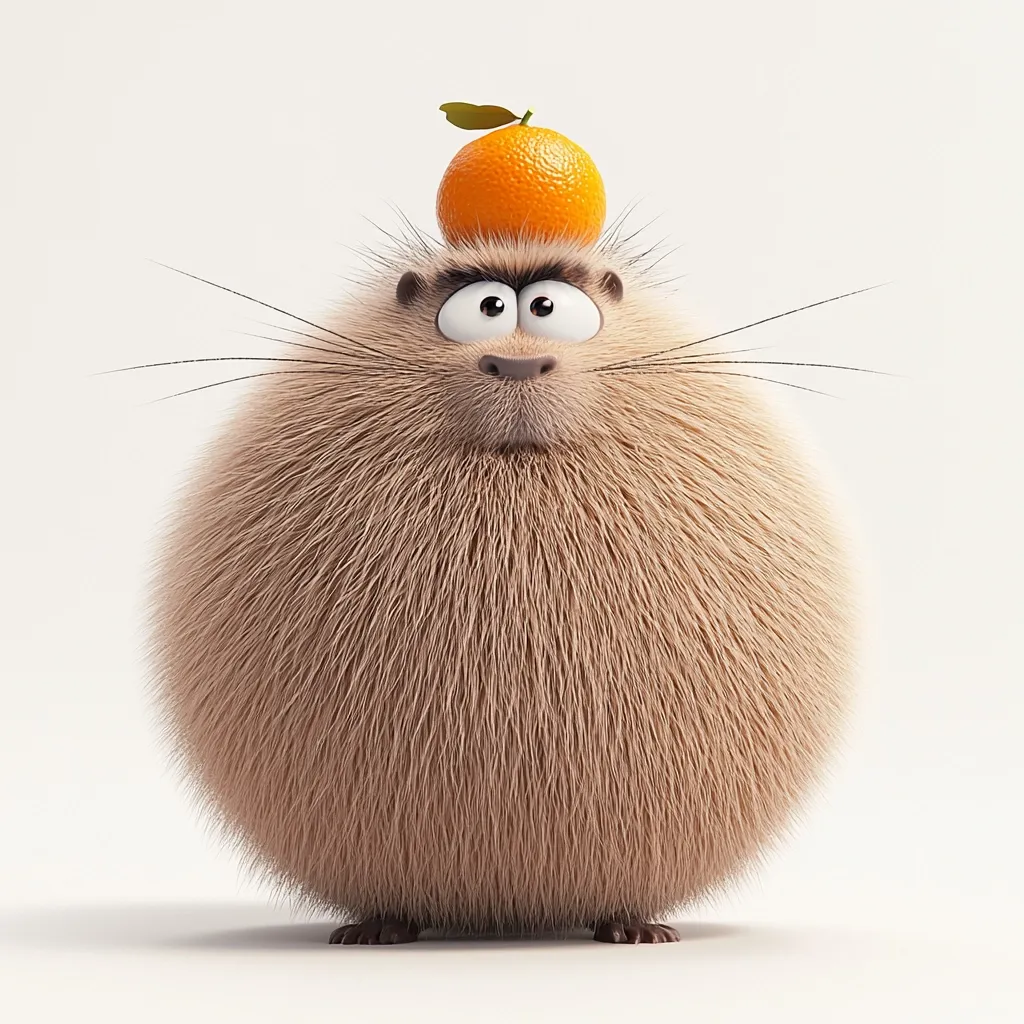 A fluffy, cartoon-like creature, resembling a large rodent or capybara, sits against a white background.  Its fur is light brown and extremely dense, giving it a round, almost spherical appearance.  A small, perfectly round orange sits atop its head. The creature has expressive, slightly grumpy-looking eyes.  The overall style is playful and 3D-rendered.
