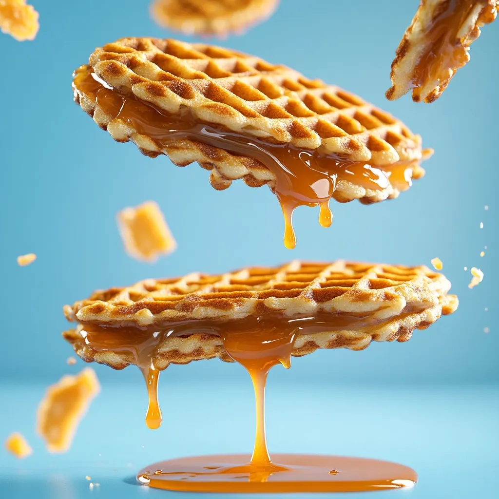 Two crispy waffles, layered with rich caramel, float against a light blue background.  Golden caramel drips from the waffles, creating a delectable and visually appealing scene.  Small pieces of what appears to be broken waffle are also suspended in the air, adding to the dynamic composition. The image suggests a sweet and indulgent treat.