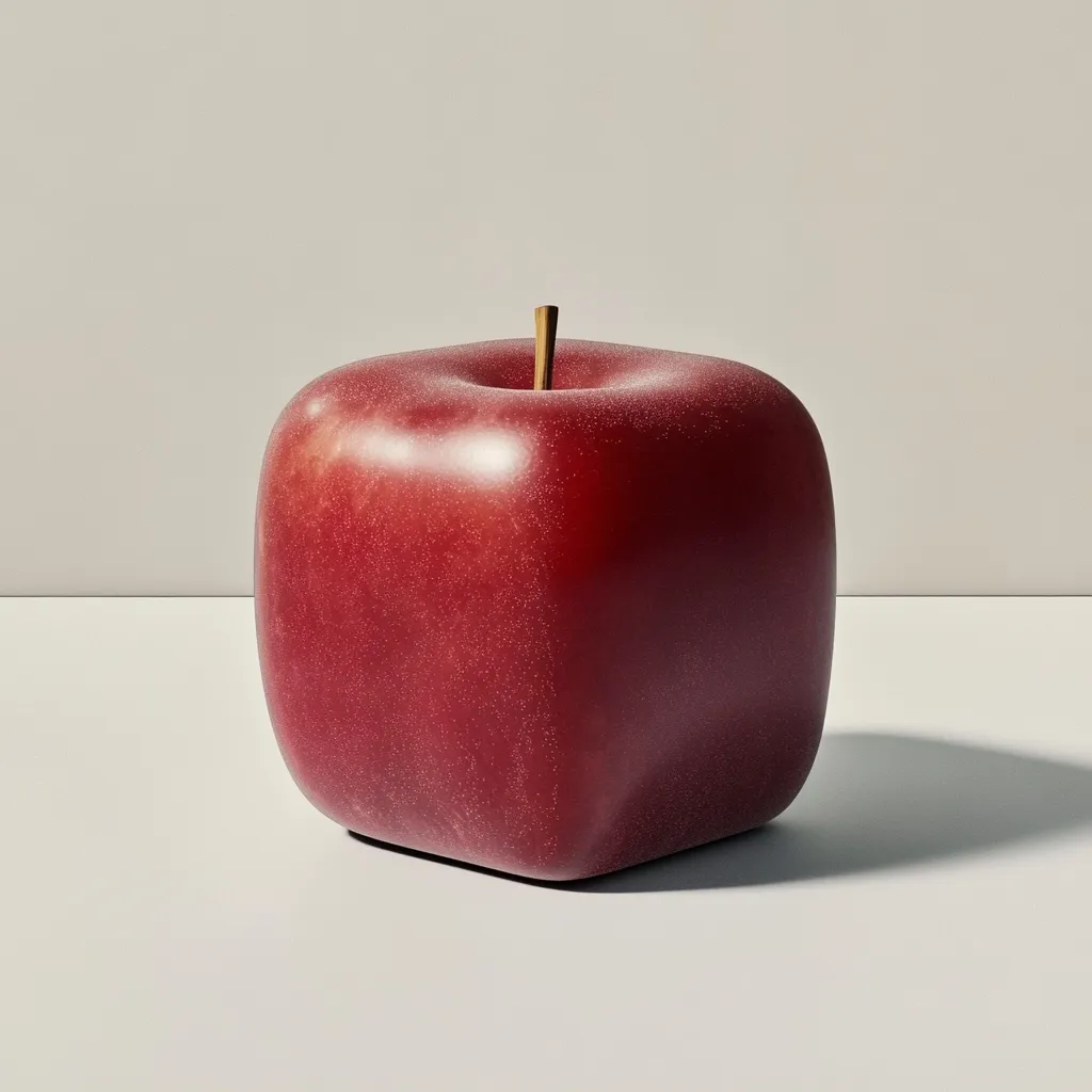 A unique, cube-shaped red apple sits on a white surface against a neutral background.  The apple's skin appears slightly textured, and a small, brown stem is visible at its top.  The lighting casts a subtle shadow, enhancing the apple's three-dimensional form.  The overall image is minimalist and striking.
