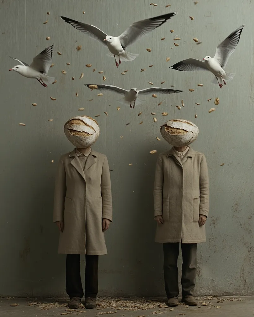 Two figures stand against a muted green wall, their heads replaced by loaves of bread.  Seagulls fly overhead, dropping bread crumbs. The scene is surreal and subtly unsettling, suggesting themes of sustenance, identity, or the absurdity of life. The figures wear identical beige coats and trousers, emphasizing their similarity. The overall mood is quiet and contemplative.