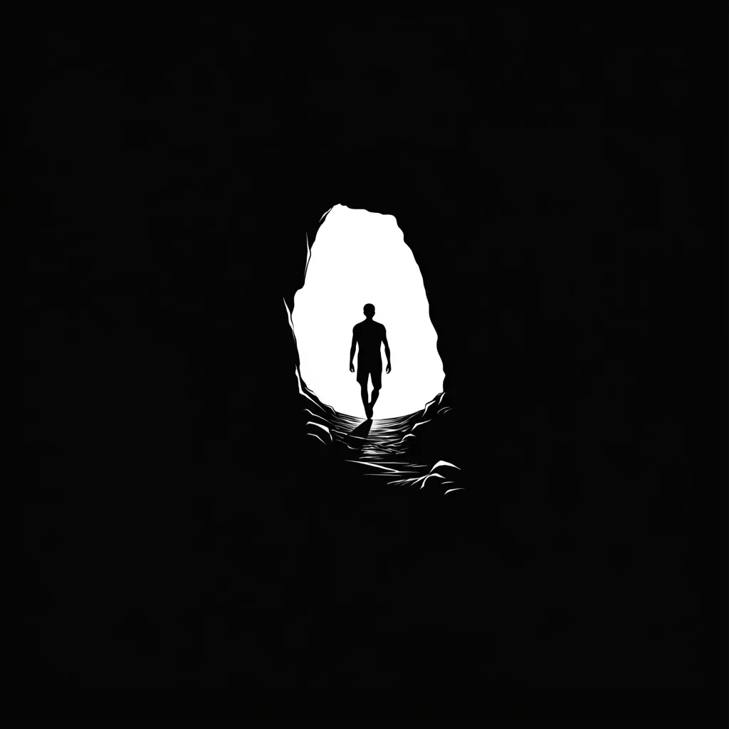 A minimalist illustration depicts a lone figure walking towards a bright opening at the end of a dark cave.  The silhouette of the man is stark against the white light emanating from the cave's mouth.  The overall image suggests themes of hope, journey, and emergence from darkness into light.