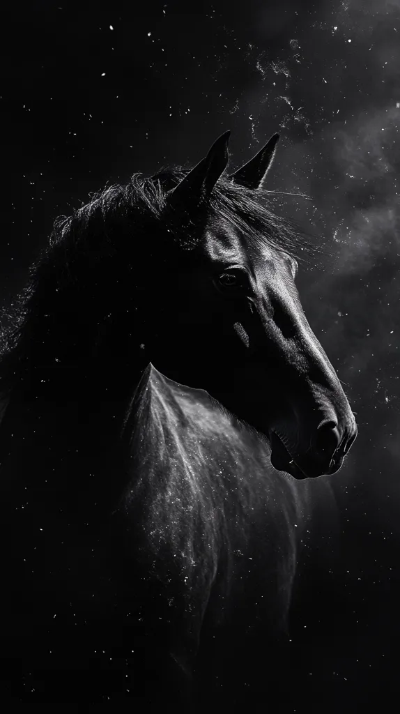A striking monochrome portrait captures a majestic black horse, its dark coat contrasting against a backdrop of swirling dust and darkness.  The horse's head is turned slightly, showcasing its powerful features and intense gaze.  The image evokes a sense of mystery and power, the fine dust particles adding to the dramatic atmosphere.  The overall effect is both elegant and captivating.